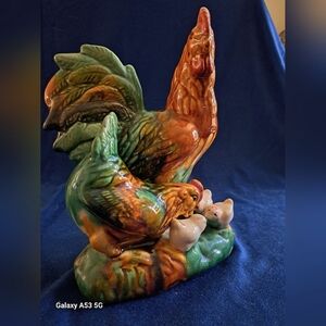 DRIP GLAZE CHICKEN, ROOSTER, POULTRY FAMILY FIGURINE 8" TALL.
